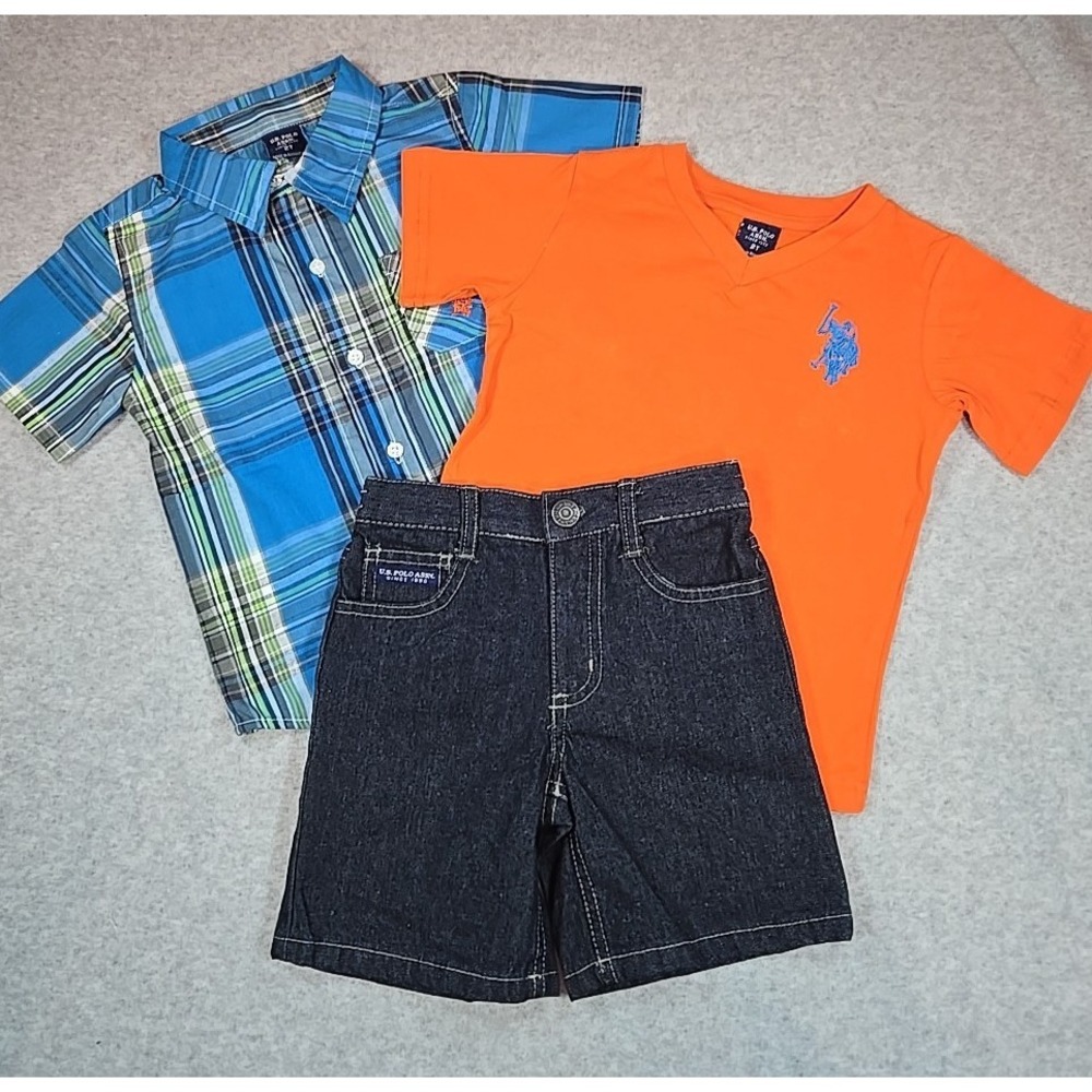 US Polo Assn Boy Size 2T 3pc Short Sleeve Outfit Set Plaid Shirt Jean Shorts NWT